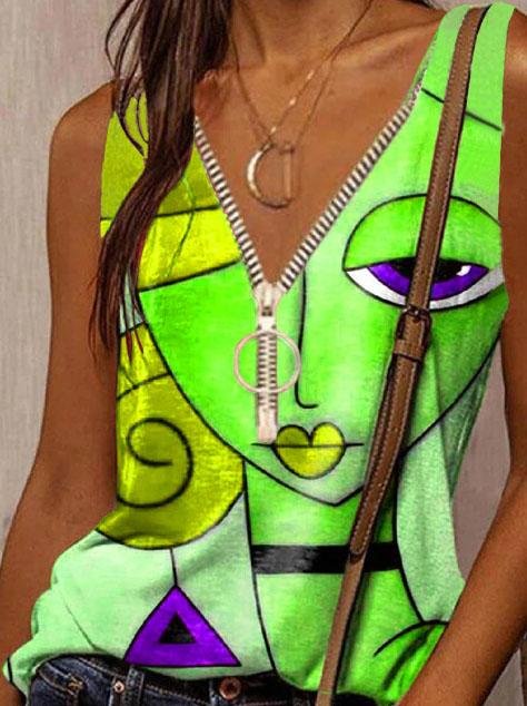 Cartoon Face Print Casual Zipper Tank Top - Tanks - INS | Online Fashion Free Shipping Clothing, Dresses, Tops, Shoes - 03/06/2021 - Category_Tanks - Color_Blue