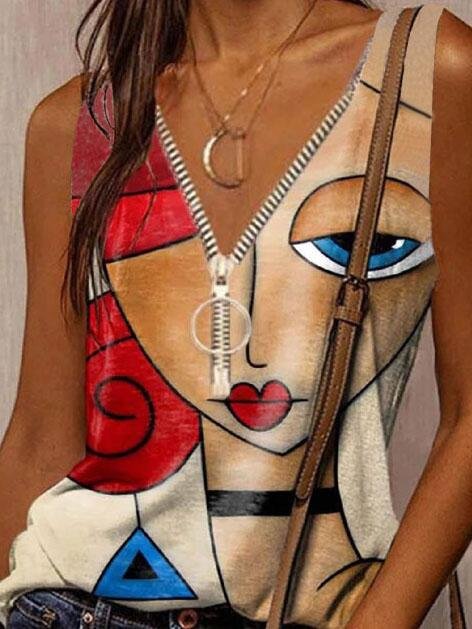 Cartoon Face Print Casual Zipper Tank Top - Tanks - INS | Online Fashion Free Shipping Clothing, Dresses, Tops, Shoes - 03/06/2021 - Category_Tanks - Color_Blue