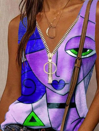 Cartoon Face Print Casual Zipper Tank Top - Tanks - INS | Online Fashion Free Shipping Clothing, Dresses, Tops, Shoes - 03/06/2021 - Category_Tanks - Color_Blue