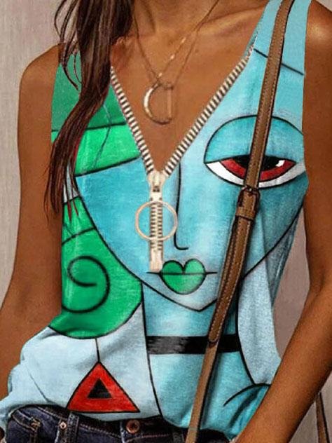 Cartoon Face Print Casual Zipper Tank Top - Tanks - INS | Online Fashion Free Shipping Clothing, Dresses, Tops, Shoes - 03/06/2021 - Category_Tanks - Color_Blue