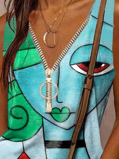 Cartoon Face Print Casual Zipper Tank Top - Tanks - INS | Online Fashion Free Shipping Clothing, Dresses, Tops, Shoes - 03/06/2021 - Category_Tanks - Color_Blue