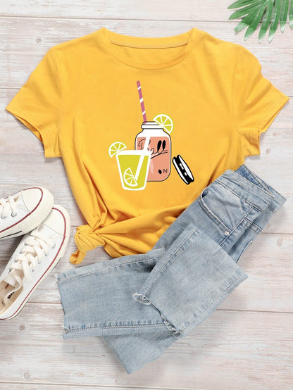 Cartoon Juice And Letter Graphic Tee - INS | Online Fashion Free Shipping Clothing, Dresses, Tops, Shoes