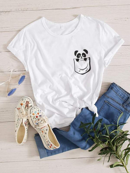 Cartoon Panda & Pocket Print Tee - INS | Online Fashion Free Shipping Clothing, Dresses, Tops, Shoes