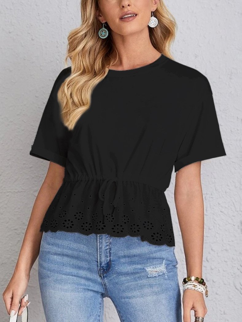 Casual All-match Lace Drawstring Hem Blouse - Blouses - INS | Online Fashion Free Shipping Clothing, Dresses, Tops, Shoes - 03/07/2021 - 20-30 - BLO2107031153