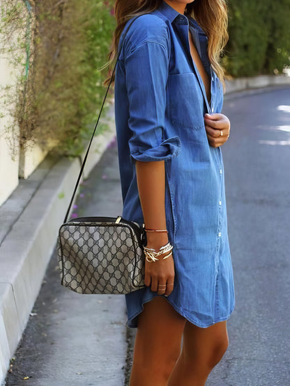 Mini Dresses - Casual Denim Long Sleeve Shirt Dress - MsDressly