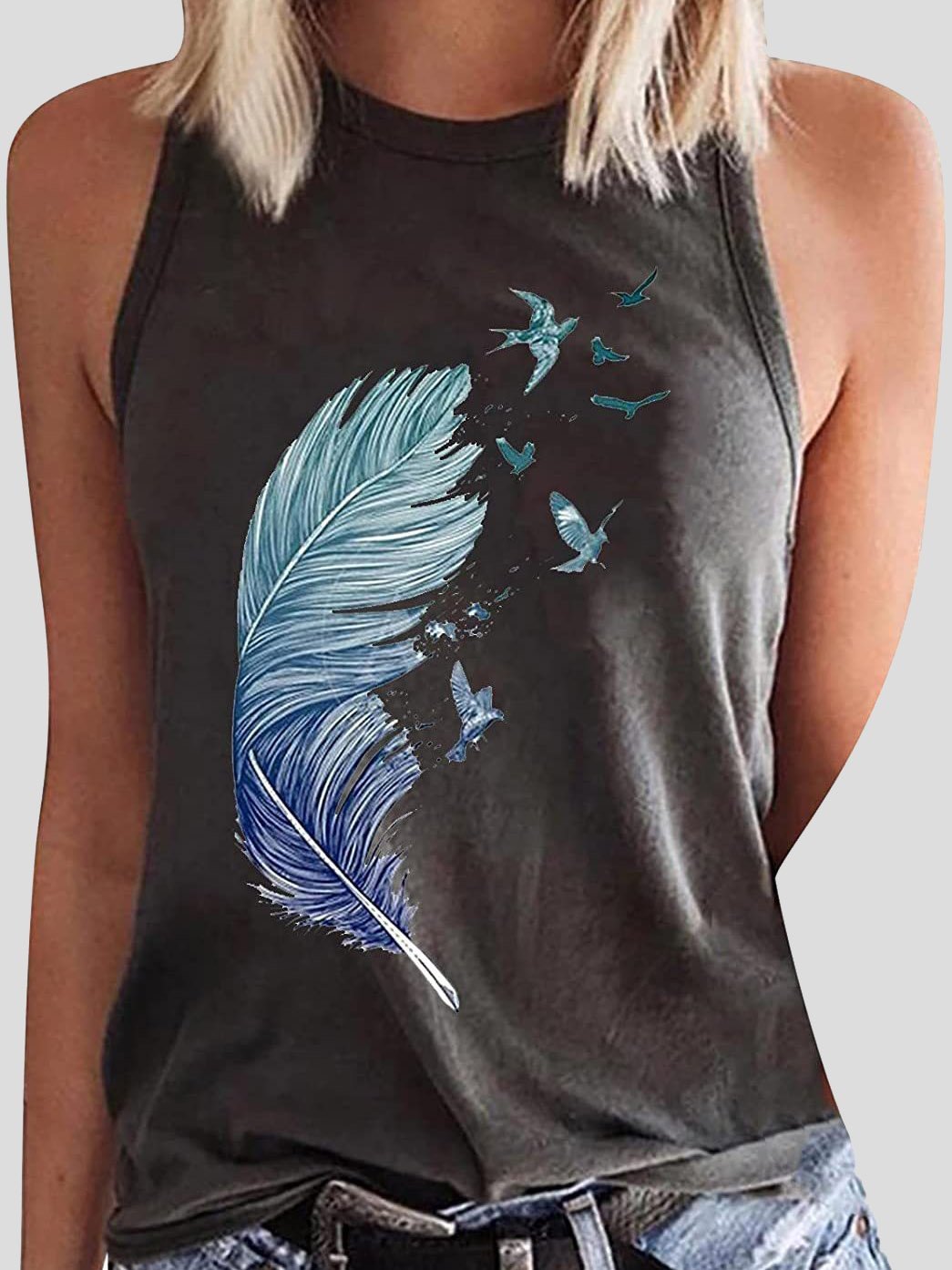 Casual Feather Print Sleeveless Tank Tops - Tank Tops - INS | Online Fashion Free Shipping Clothing, Dresses, Tops, Shoes - 10-20 - 26/07/2021 - Category_Tank Tops