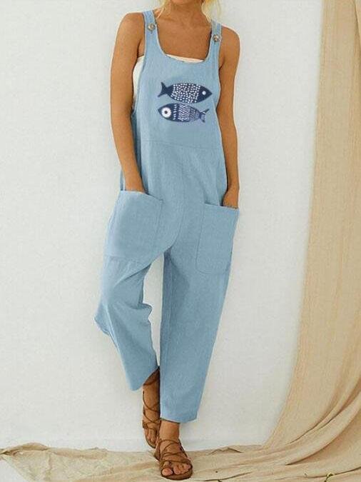 Casual Fish Print Patchwork Jumpsuit - Jumpsuit & Rompers - INS | Online Fashion Free Shipping Clothing, Dresses, Tops, Shoes - 08/07/2021 - 20-30 - Bottoms