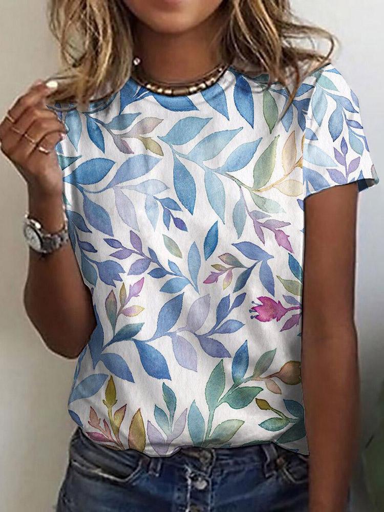 Casual Floral Print Round Neck Short Sleeve T-Shirt - T-Shirts - INS | Online Fashion Free Shipping Clothing, Dresses, Tops, Shoes - 10-20 - 27/07/2021 - Category_T-Shirts