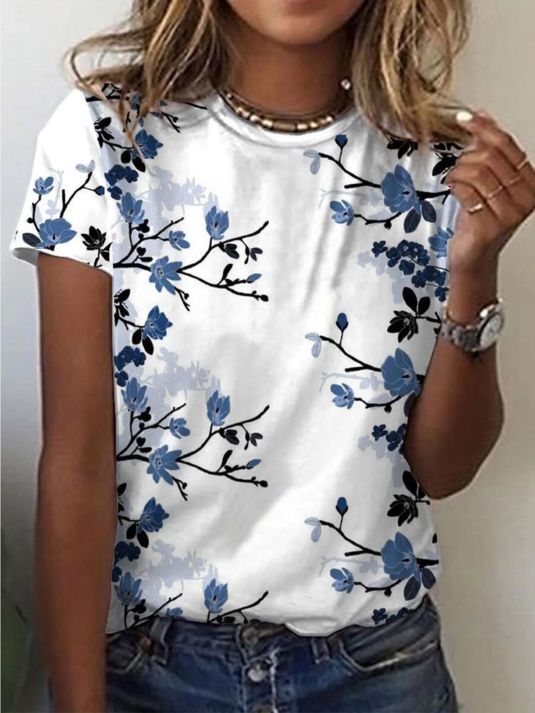 Casual Floral Print Round Neck Short Sleeve T-Shirt - T-Shirts - INS | Online Fashion Free Shipping Clothing, Dresses, Tops, Shoes - 10-20 - 27/07/2021 - Category_T-Shirts