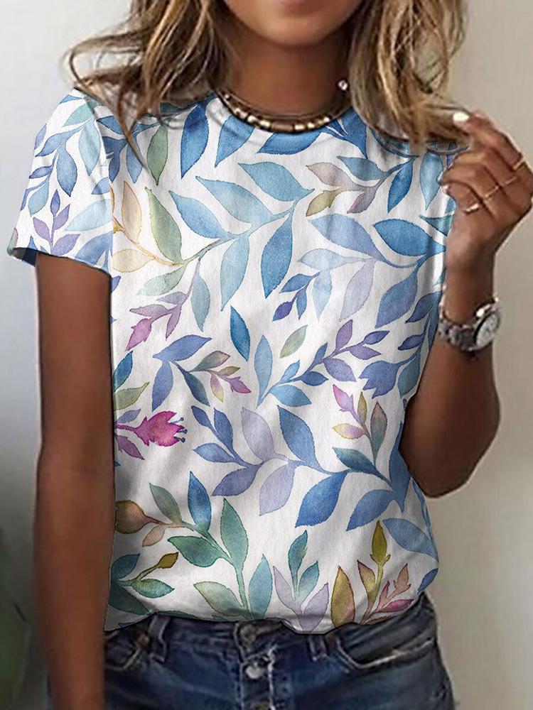 Casual Floral Print Round Neck Short Sleeve T-Shirt - T-Shirts - INS | Online Fashion Free Shipping Clothing, Dresses, Tops, Shoes - 10-20 - 27/07/2021 - Category_T-Shirts