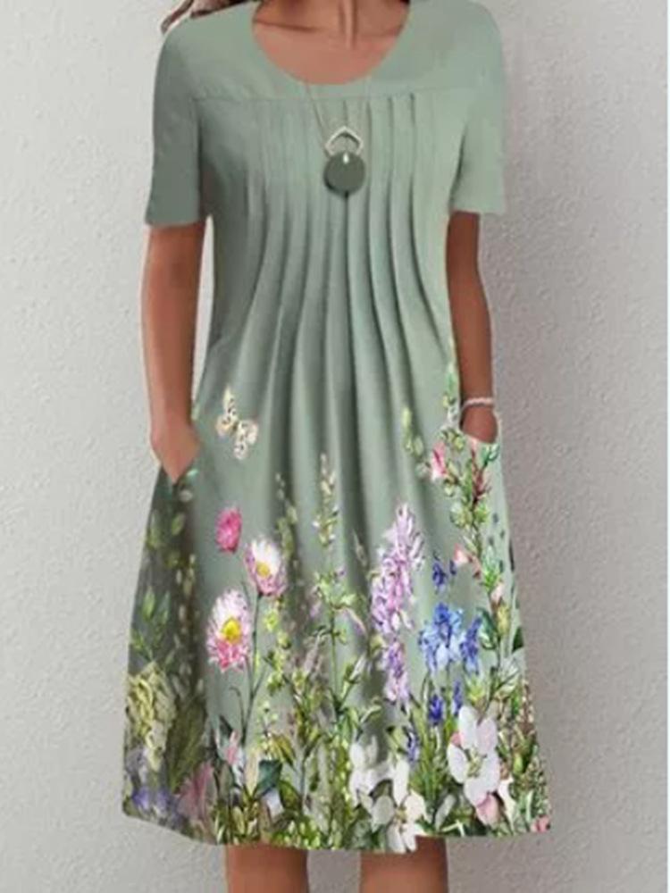 Casual Floral Round Neck Mid-length Straight Dress - Mini Dresses - INS | Online Fashion Free Shipping Clothing, Dresses, Tops, Shoes - 20-30 - 21/07/2021 - color-green