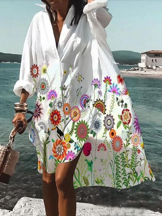 Casual Lapel Long-sleeved Floral Print Shirt Dress - Mini Dresses - INS | Online Fashion Free Shipping Clothing, Dresses, Tops, Shoes - 16/07/2021 - 20-30 - color-green