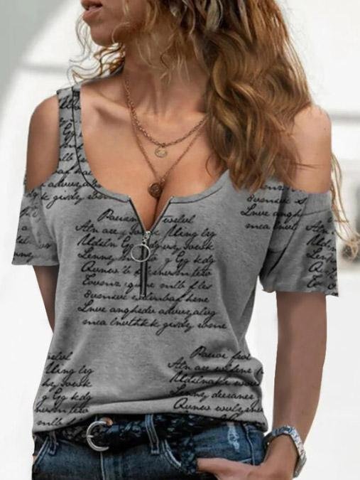 Casual Letter Print Short Sleeve V-Neck Zipper Strapless T-Shirts - T-Shirts - INS | Online Fashion Free Shipping Clothing, Dresses, Tops, Shoes - 10-20 - 30/07/2021 - Category_T-Shirts