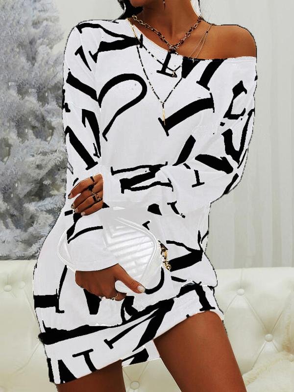 Casual Long Sleeve Letter Print Round Neck Dress - Mini Dresses - INS | Online Fashion Free Shipping Clothing, Dresses, Tops, Shoes - 03/06/2021 - Color_Black - Color_Blue