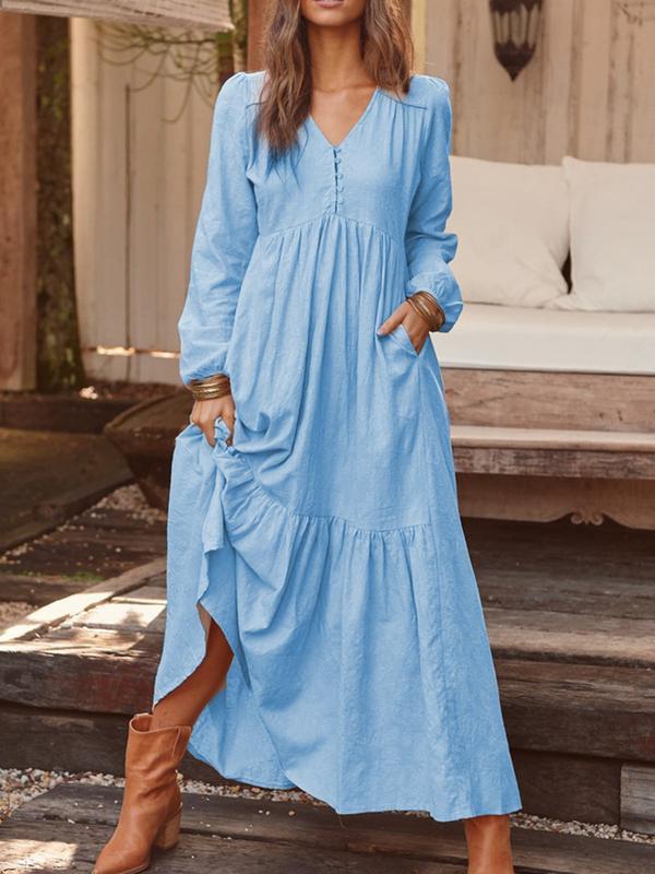 Casual Long-sleeved Dress With Big Swing - Maxi Dresses - INS | Online Fashion Free Shipping Clothing, Dresses, Tops, Shoes - 17/07/2021 - 30-40 - color-blue