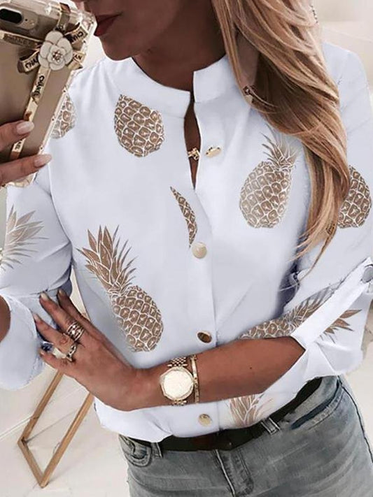 Casual Pineapple Printed Roll Sleeves Blouse - Blouses - INS | Online Fashion Free Shipping Clothing, Dresses, Tops, Shoes - 06//04/2021 - Autumn - Blouses
