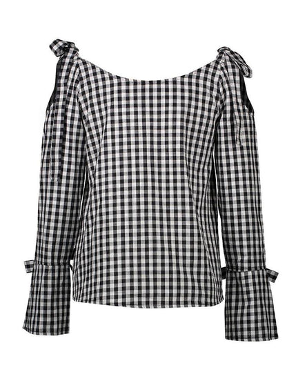 Casual Plaid Cross Tie Strapless Long Sleeve Bow Blouses - Blouses - INS | Online Fashion Free Shipping Clothing, Dresses, Tops, Shoes - 20-30 - 23/07/2021 - BLO2107231256