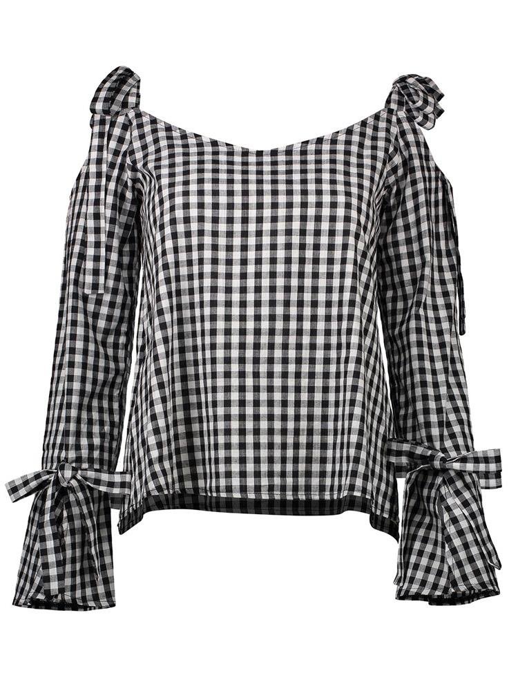 Casual Plaid Cross Tie Strapless Long Sleeve Bow Blouses - Blouses - INS | Online Fashion Free Shipping Clothing, Dresses, Tops, Shoes - 20-30 - 23/07/2021 - BLO2107231256