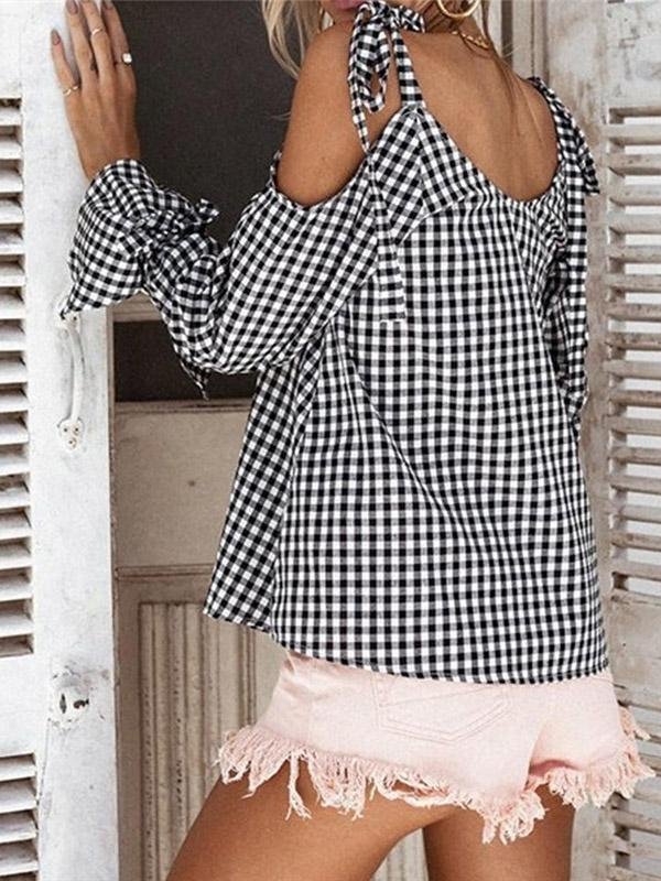 Casual Plaid Cross Tie Strapless Long Sleeve Bow Blouses - Blouses - INS | Online Fashion Free Shipping Clothing, Dresses, Tops, Shoes - 20-30 - 23/07/2021 - BLO2107231256