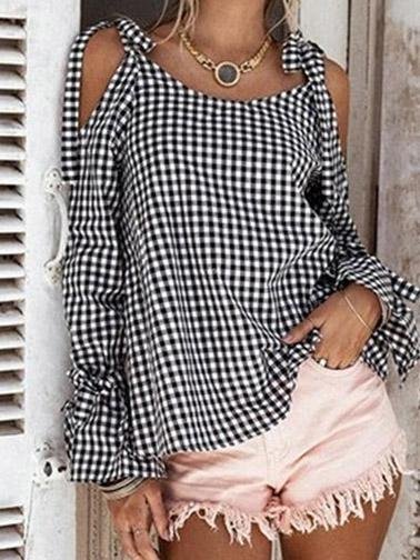 Casual Plaid Cross Tie Strapless Long Sleeve Bow Blouses - Blouses - INS | Online Fashion Free Shipping Clothing, Dresses, Tops, Shoes - 20-30 - 23/07/2021 - BLO2107231256