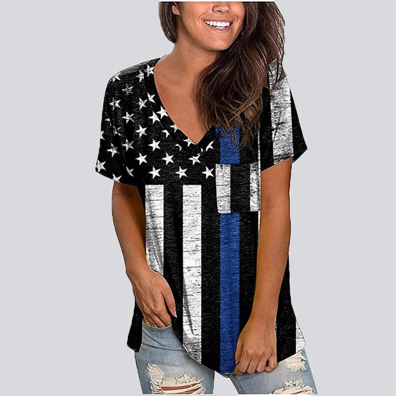 Casual Print V Neck Short Sleeve T-shirt - T-shirts - INS | Online Fashion Free Shipping Clothing, Dresses, Tops, Shoes - 22/05/2021 - Color_Black - Color_Blue