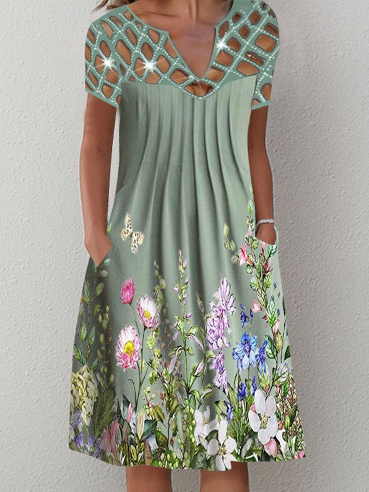 Casual Printed Floral Cutout V-Neck Dress - Midi Dresses - INS | Online Fashion Free Shipping Clothing, Dresses, Tops, Shoes - 20-30 - 21/07/2021 - Category_Midi Dresses