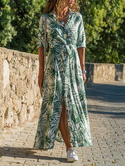 Casual Printed High-waist Lace-up Chiffon Shirt Dress - Maxi Dresses - INS | Online Fashion Free Shipping Clothing, Dresses, Tops, Shoes - 20-30 - 26/07/2021 - color-blue