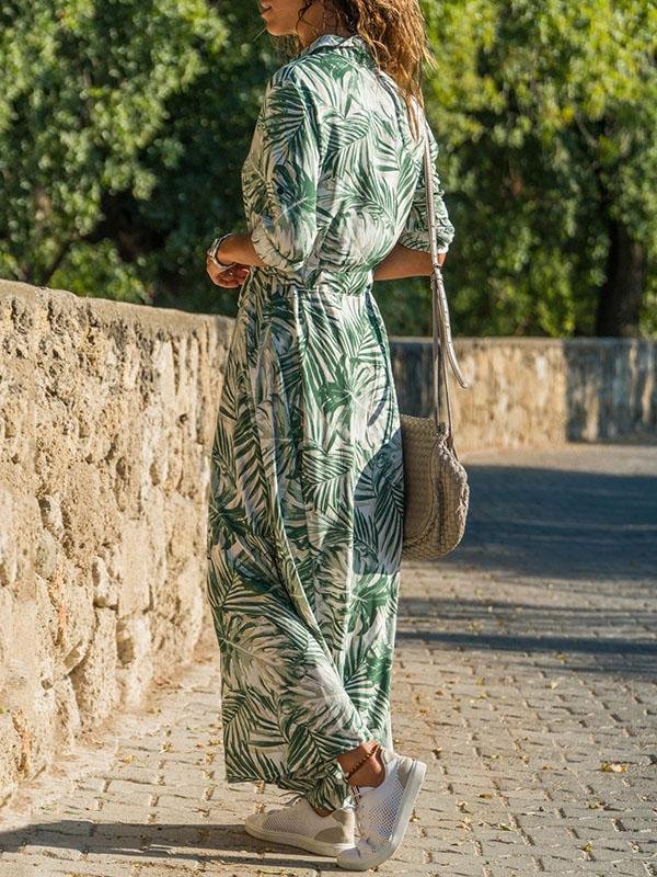 Casual Printed High-waist Lace-up Chiffon Shirt Dress - Maxi Dresses - INS | Online Fashion Free Shipping Clothing, Dresses, Tops, Shoes - 20-30 - 26/07/2021 - color-blue