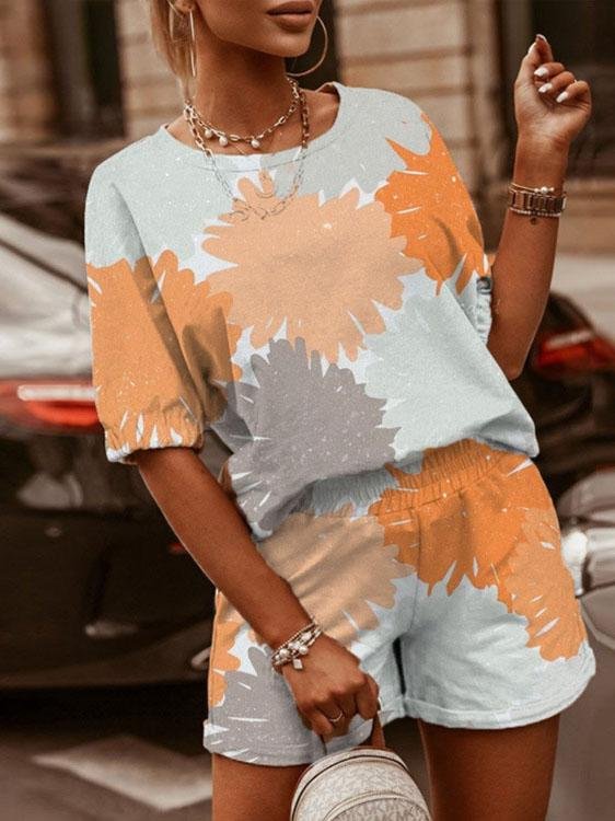 Casual Printed Round Neck Short Sleeve & Shorts Two-Piece Set - Sets - INS | Online Fashion Free Shipping Clothing, Dresses, Tops, Shoes - 16/07/2021 - 20-30 - Bottom