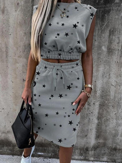 Casual Printed Sleeveless Drawstring Skirt Suit - Sets - INS | Online Fashion Free Shipping Clothing, Dresses, Tops, Shoes - 16/06/2021 - 30-40 - Bottoms