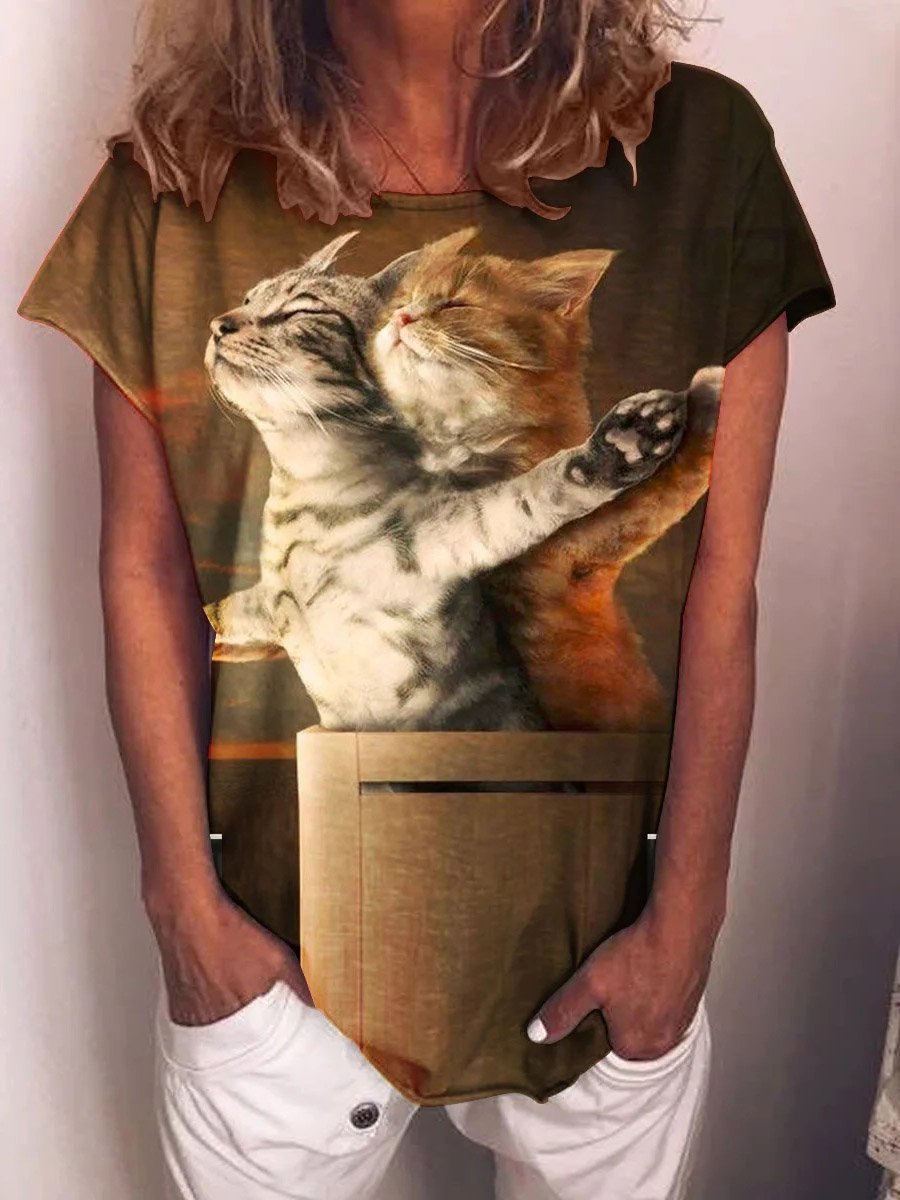 Casual Printed Titanic Cat Short Sleeve T-Shirt - T-Shirts - INS | Online Fashion Free Shipping Clothing, Dresses, Tops, Shoes - 10-20 - 27/07/2021 - Category_T-Shirts