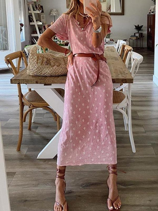 Casual Printed V-neck Dress With Belt - Midi Dresses - INS | Online Fashion Free Shipping Clothing, Dresses, Tops, Shoes - 05/07/2021 - 20-30 - color-pink