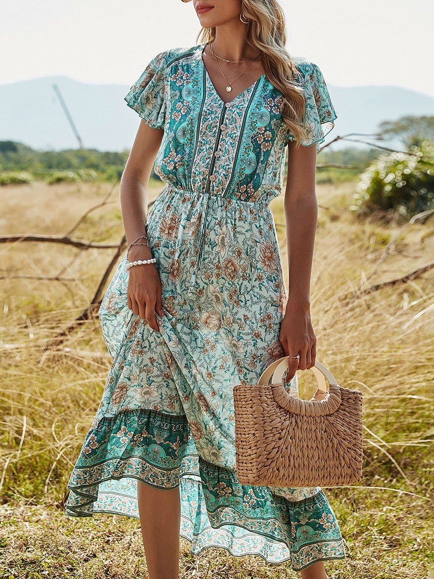 Casual Printed V Neck Ruffle Hem Dress - Midi Dresses - INS | Online Fashion Free Shipping Clothing, Dresses, Tops, Shoes - 25/06/2021 - 30-40 - color-green