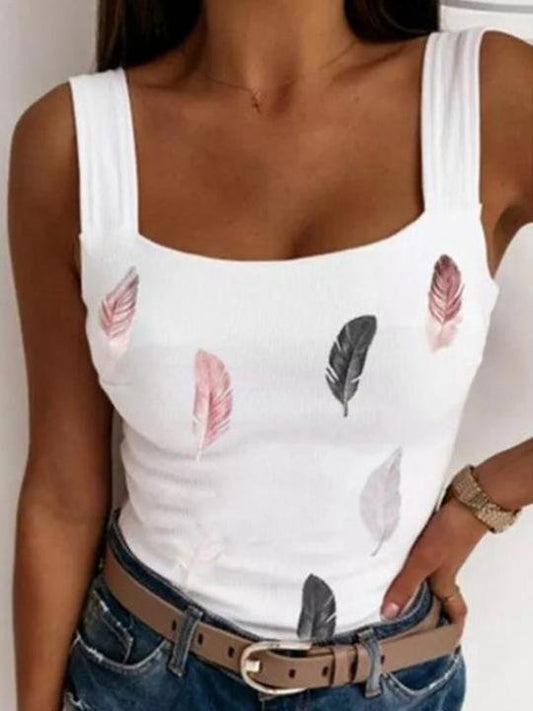 Casual Round Neck Feather Print Camisole - Tank Tops - INS | Online Fashion Free Shipping Clothing, Dresses, Tops, Shoes - 10-20 - 18/06/2021 - color-white