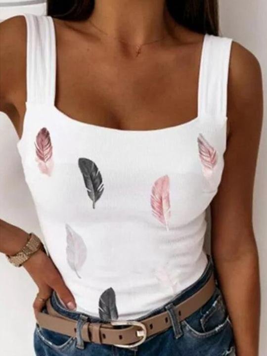 Casual Round Neck Feather Print Camisole - Tank Tops - INS | Online Fashion Free Shipping Clothing, Dresses, Tops, Shoes - 10-20 - 18/06/2021 - color-white