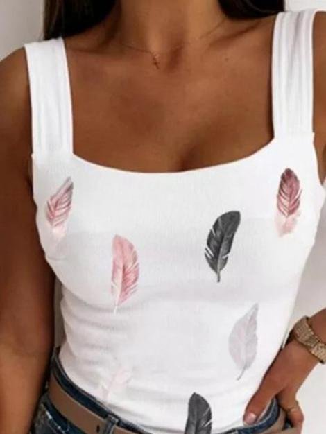 Casual Round Neck Feather Print Camisole - Tank Tops - INS | Online Fashion Free Shipping Clothing, Dresses, Tops, Shoes - 10-20 - 18/06/2021 - color-white