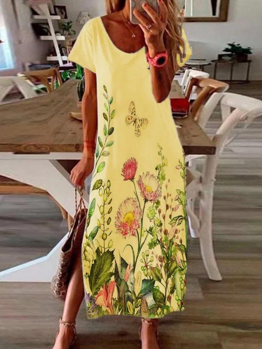 Casual Short Sleeve Flower Slit Dress - Maxi Dresses - INS | Online Fashion Free Shipping Clothing, Dresses, Tops, Shoes - 20-30 - 22/07/2021 - Category_Maxi Dresses