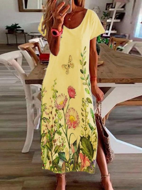 Casual Short Sleeve Flower Slit Dress - Maxi Dresses - INS | Online Fashion Free Shipping Clothing, Dresses, Tops, Shoes - 20-30 - 22/07/2021 - Category_Maxi Dresses