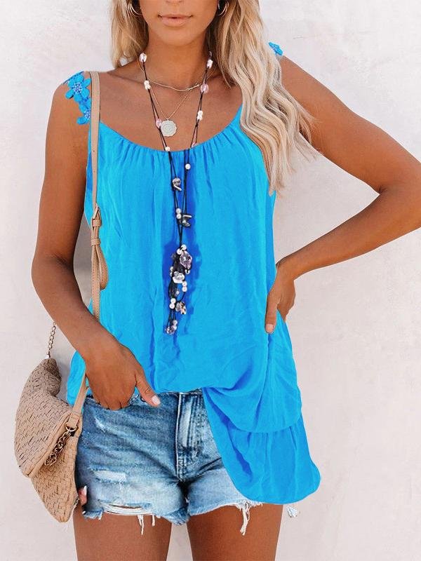 Casual Solid Lace Round Neck Sleeveless Vest - Tank Tops - INS | Online Fashion Free Shipping Clothing, Dresses, Tops, Shoes - 18/05/2021 - Color_ - Season_Summer