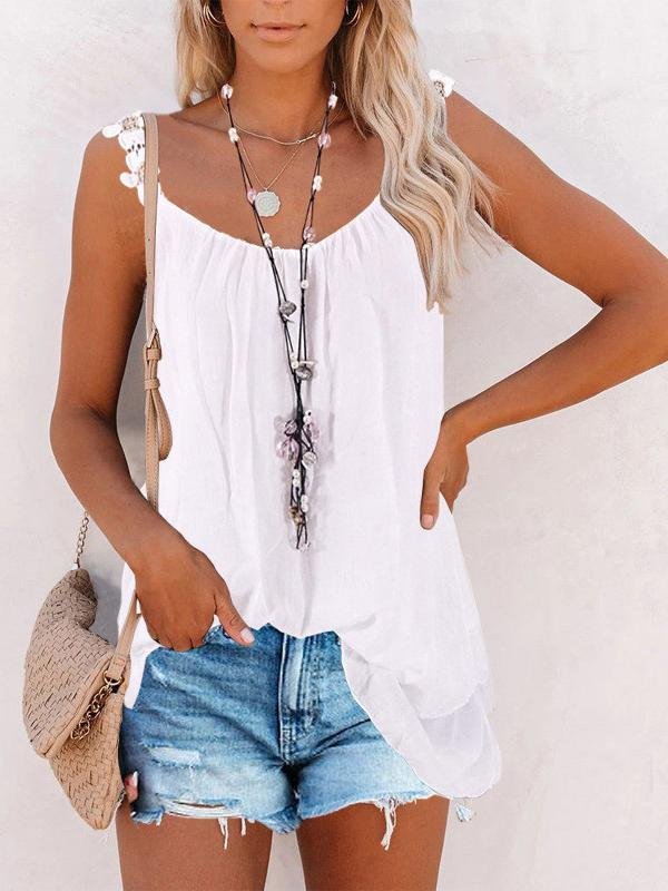 Casual Solid Lace Round Neck Sleeveless Vest - Tank Tops - INS | Online Fashion Free Shipping Clothing, Dresses, Tops, Shoes - 18/05/2021 - Color_ - Season_Summer