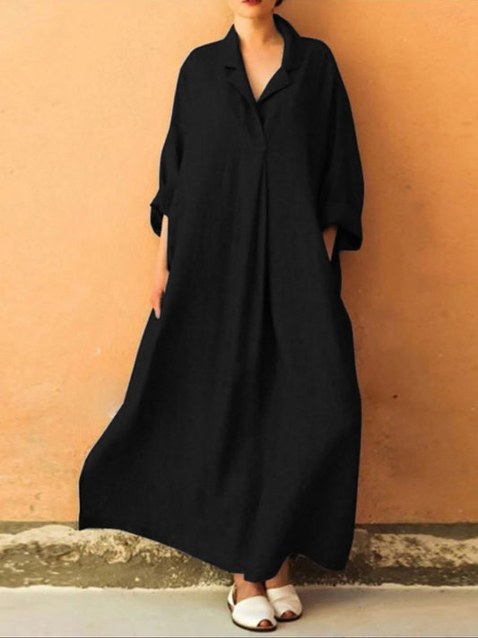 Casual Solid Long-sleeved Lapel Dress - Maxi Dresses - INS | Online Fashion Free Shipping Clothing, Dresses, Tops, Shoes - 13/07/2021 - 20-30 - color-black