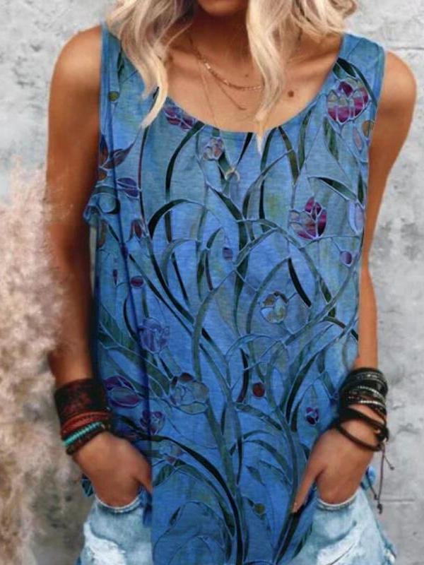 Casual Solid Sleeveless Floral-Print Shirts & Tops - Tank Tops - INS | Online Fashion Free Shipping Clothing, Dresses, Tops, Shoes - 19/05/2021 - Color_Blue - Season_Summer