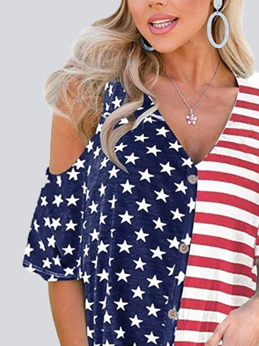 Casual Star Stripe Off-shoulder Button Top T-shirt - T Shirts - INS | Online Fashion Free Shipping Clothing, Dresses, Tops, Shoes - 05/22/2021 - Category_T Shirts - Color_Blue