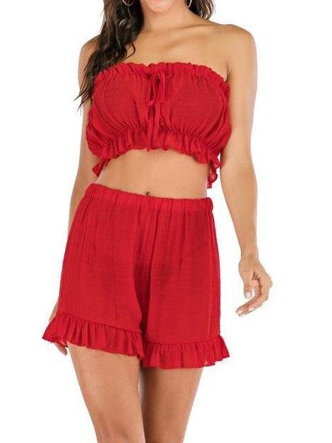 Casual Stitching Solid Tube Top Two-piece Suit - Two-piece Outfits - INS | Online Fashion Free Shipping Clothing, Dresses, Tops, Shoes - 17/05/2021 - Color_Khaki - Color_Red