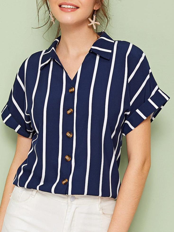Casual Striped-breasted Lapel Loose Bat Sleeve Ladies Shirt - Blouses - INS | Online Fashion Free Shipping Clothing, Dresses, Tops, Shoes - 10-20 - 14/07/2021 - BLO2107141193