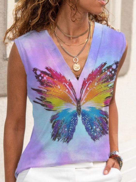 Casual Tie-dye Butterfly Print V-neck Sleeveless Vest - Tank Tops - INS | Online Fashion Free Shipping Clothing, Dresses, Tops, Shoes - 10-20 - 13/07/2021 - color-blue