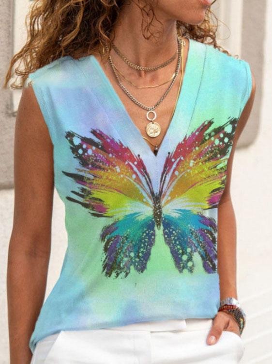 Casual Tie-dye Butterfly Print V-neck Sleeveless Vest - Tank Tops - INS | Online Fashion Free Shipping Clothing, Dresses, Tops, Shoes - 10-20 - 13/07/2021 - color-blue