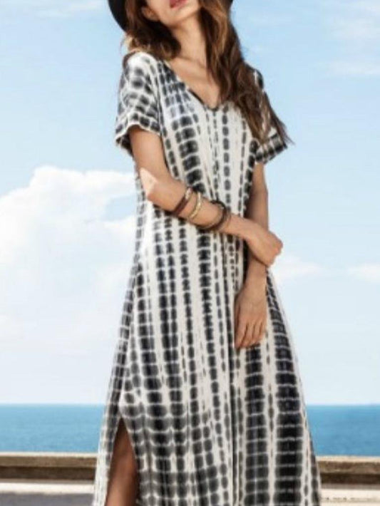 Casual Tie-dye Printed Slit V-neck Dress - Maxi Dresses - INS | Online Fashion Free Shipping Clothing, Dresses, Tops, Shoes - 24/05/2021 - Color_Black - DRE2105241082