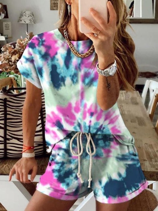 Casual Tie-dye Short-sleeved Sports Suit - Sets - INS | Online Fashion Free Shipping Clothing, Dresses, Tops, Shoes - 15/06/2021 - Bottoms - Color_Black