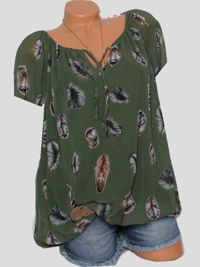 Casual V-neck Feather Print Short-sleeved Shirt - Blouses - INS | Online Fashion Free Shipping Clothing, Dresses, Tops, Shoes - 10-20 - 20/07/2021 - BLO2107201207